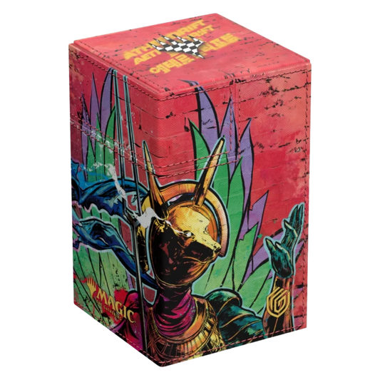 Ultimate Guard Flip’n’Tray 100+ Aetherdrift deck box featuring Hazoret, Godseeker artwork, Xenoskin material, magnetic closure, and removable dice tray.