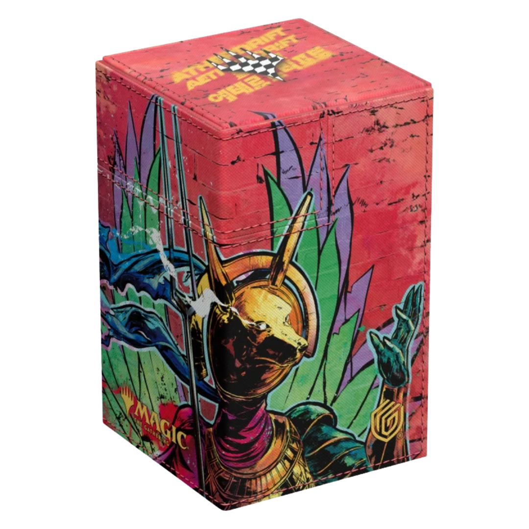 Ultimate Guard Flip’n’Tray 100+ Aetherdrift deck box featuring Hazoret, Godseeker artwork, Xenoskin material, magnetic closure, and removable dice tray.