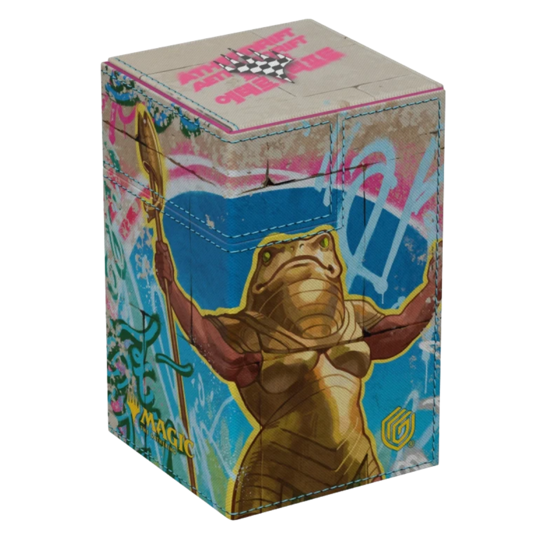 Ultimate Guard Flip’n’Tray 100+ Aetherdrift deck box featuring Sab-Sunen, Luxa Embodied artwork, Xenoskin material, magnetic closure, and removable dice tray.