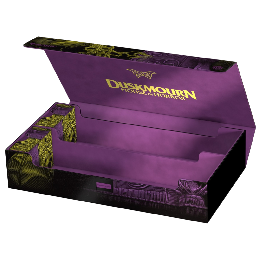 Ultimate Guard Omnihive 1000+ MTG Duskmourn open box showing spacious, modular compartments for Magic: The Gathering cards. Durable, sleek exterior perfect for organized card storage.