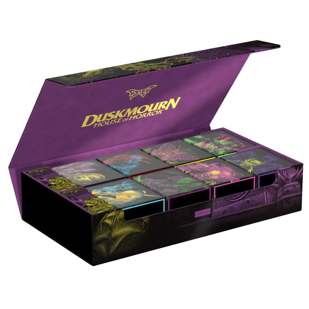 Ultimate Guard Omnihive 1000+ MTG Duskmourn open box showcasing Duskmourn Deck Boxes with Magic: The Gathering cards organized inside. Sleek, modular, and durable storage solution for MTG collectors.