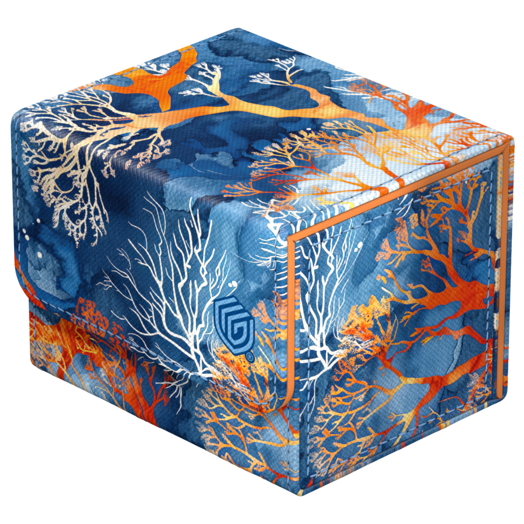 Ultimate Guard Sidewinder 100+ Fiery Reef 2025 Exclusive, bold coral-themed deck box with Xenoskin surface and secure magnetic closure for TCG cards.


