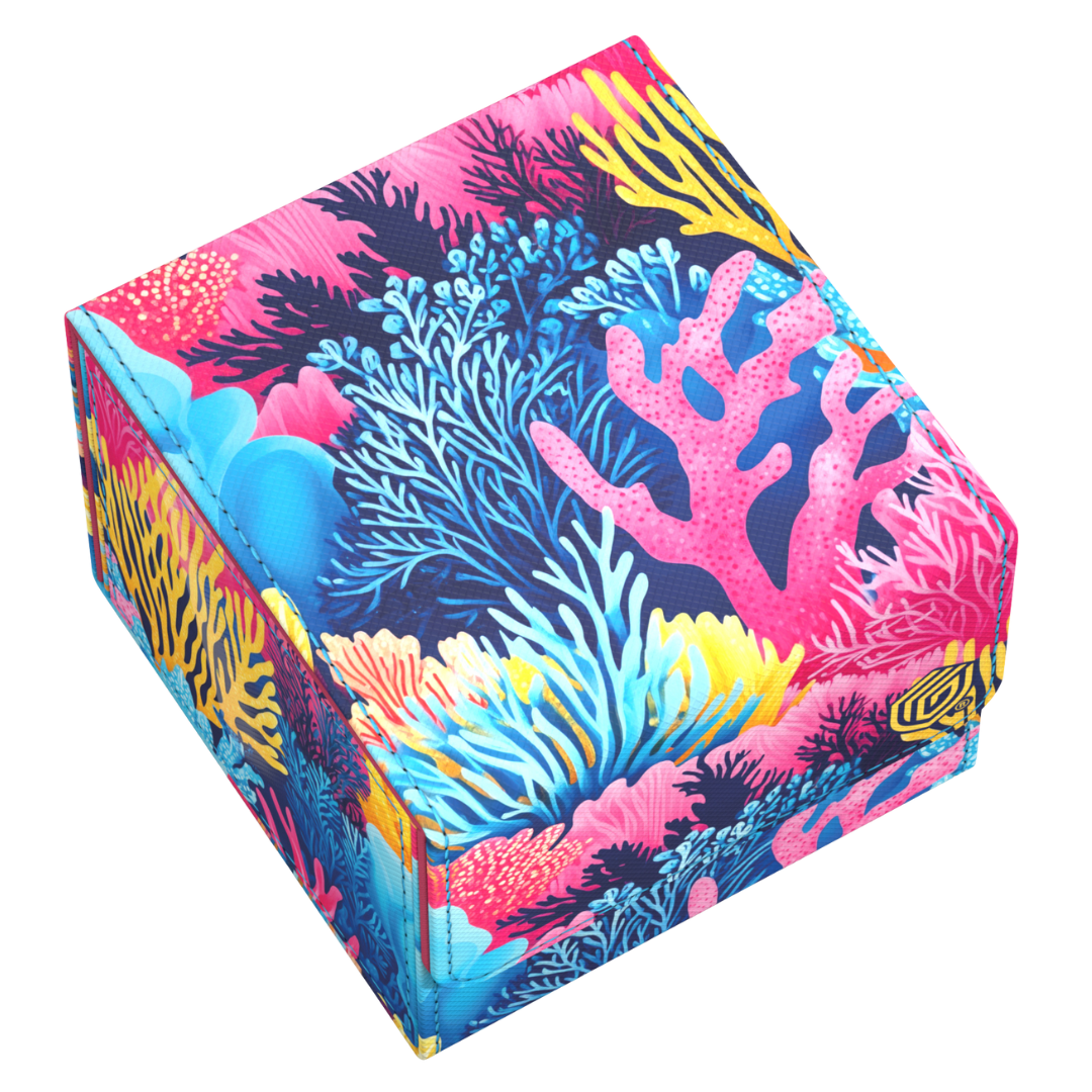 Colorful coral-patterned box on a white background