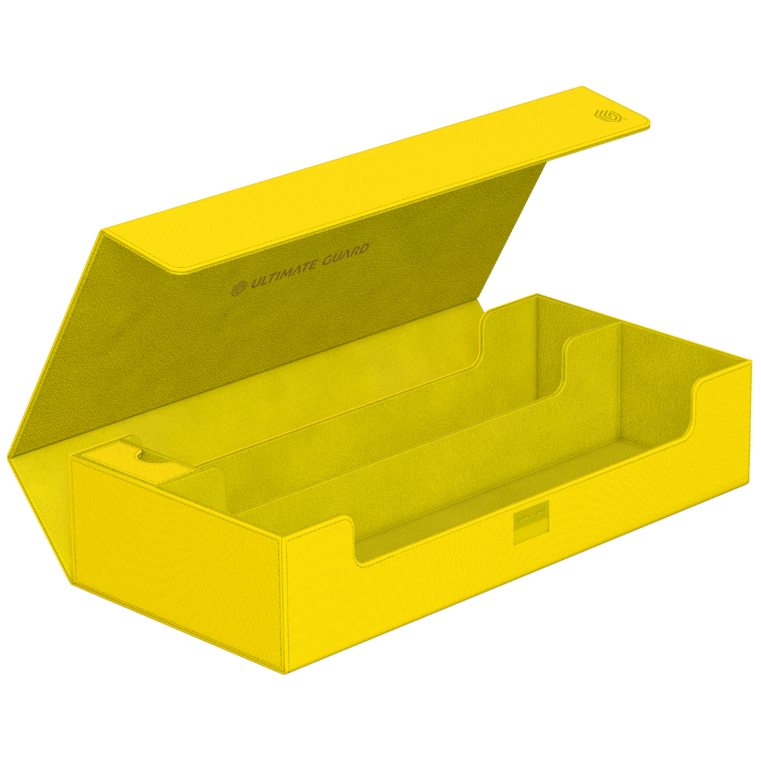 Ultimate Guard Superhive 550+ Summer Edition Dandelion open storage case showing compartments for cards, deck boxes, dice, and accessories