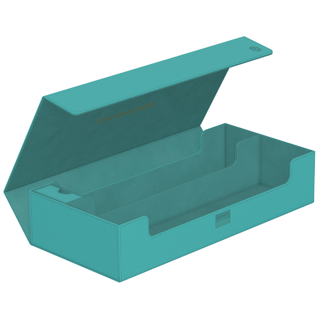 Ultimate Guard Superhive 550+ Summer Edition Lagoon open case showing compartments for 550+ double-sleeved cards, deck boxes, dice, and playmat