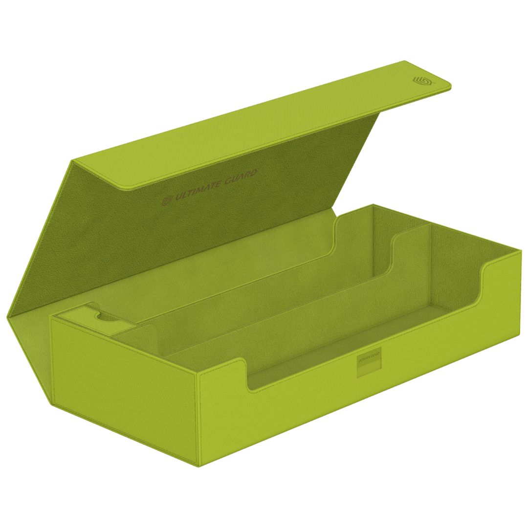 Ultimate Guard Superhive 550+ Summer Edition Lime open case showing compartments for 550+ double-sleeved cards, deck boxes, dice, and playmat