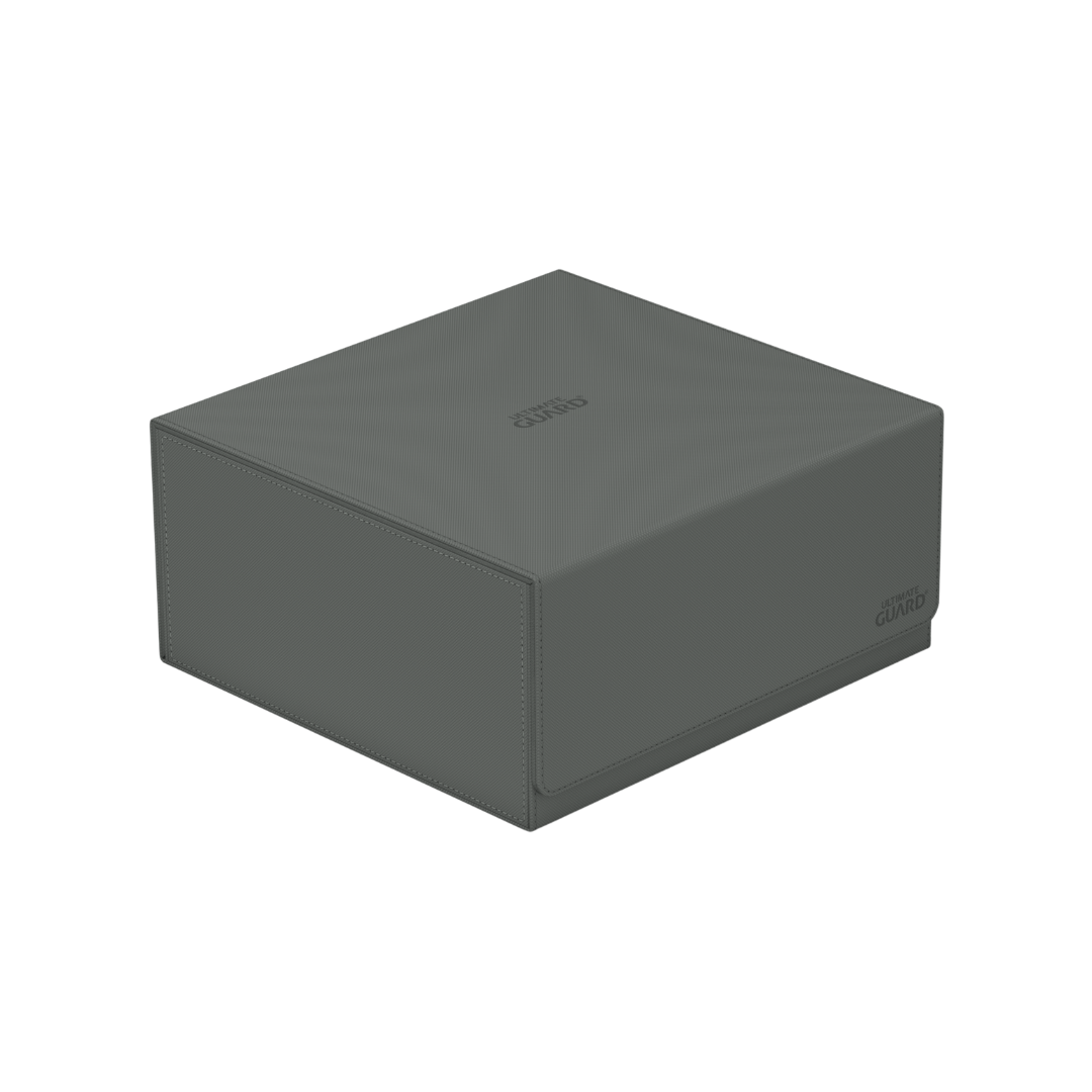 Ultimate Guard Treasure Hive 90+ Grey storage box in a sleek, closed position, designed for safely storing trading cards and deck boxes.