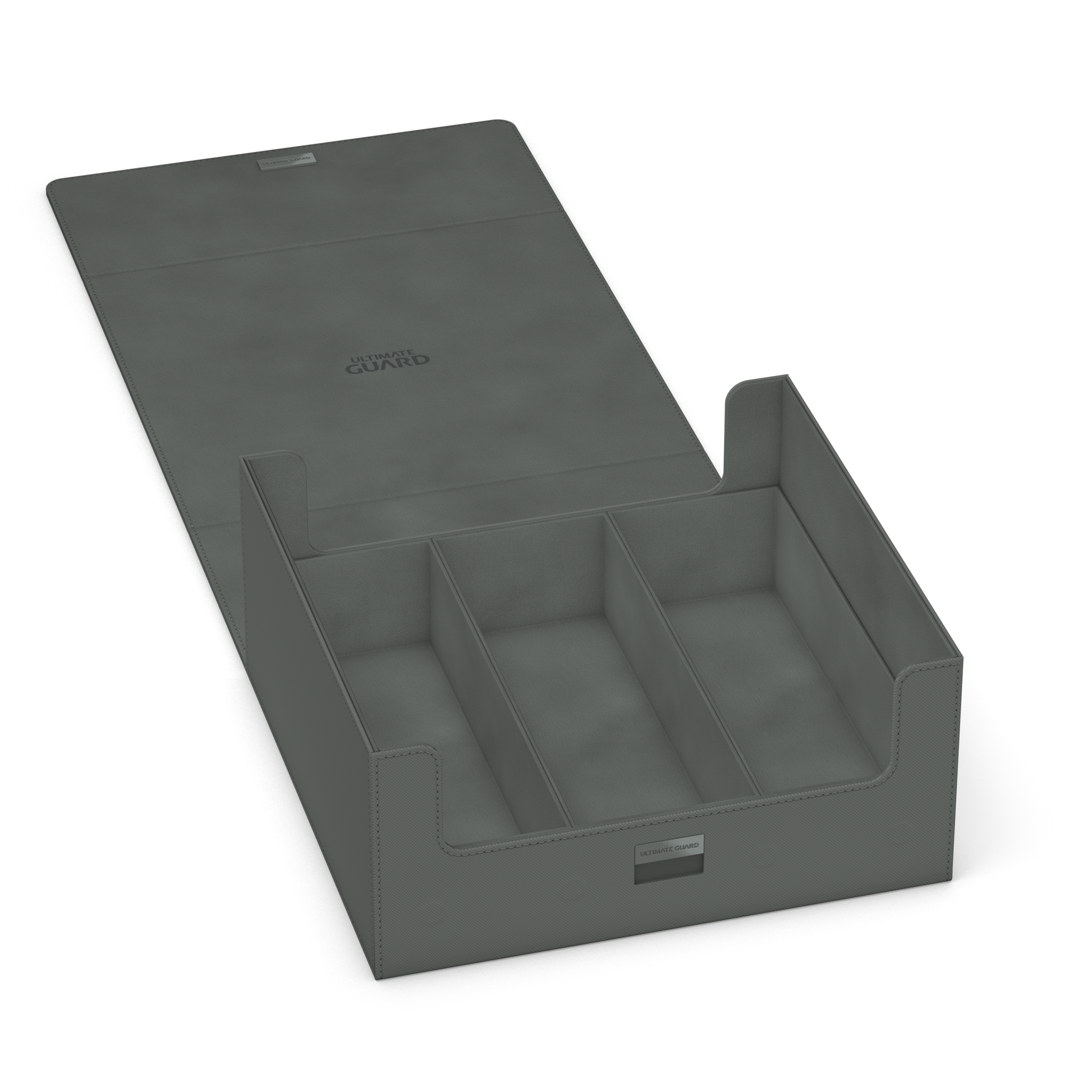 Ultimate Guard Treasure Hive 90+ Grey fully open, displaying its empty, well-organized compartments for storing deck boxes, cards, and accessories.
