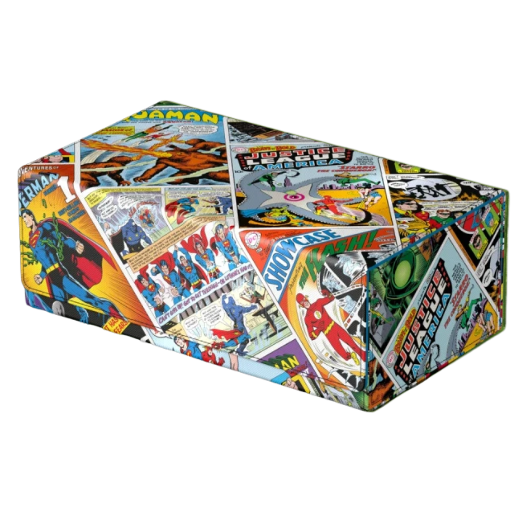 Ultimate Guard Squaroes 1000+ Justice League Vintage Comics case open, showing card storage compartments and magnetic closure