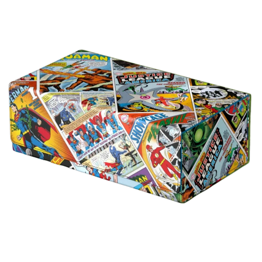 Ultimate Guard Squaroes 1000+ Justice League Vintage Comics case open, showing card storage compartments and magnetic closure