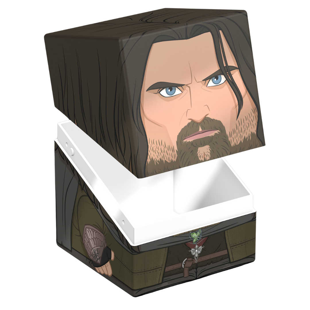 Ultimate Guard Squaroes 100+ deck box, Aragorn artwork, holds 100 double-sleeved standard cards, magnetic closure, stackable construction