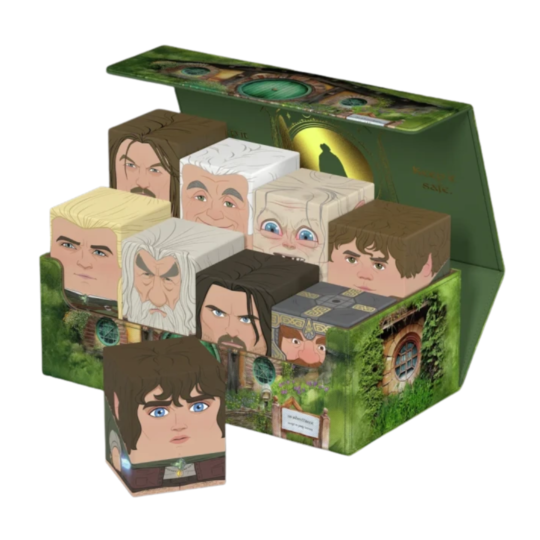 Ultimate Guard Squaroes 100+ Hobbiton deck case open, showing sleeved cards, Xenoskin finish, magnetic closure
