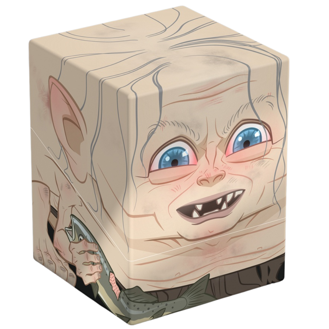Ultimate Guard Squaroes 100+ deck box with Gollum art, holds 100 double-sleeved cards, magnetic closure, stackable design