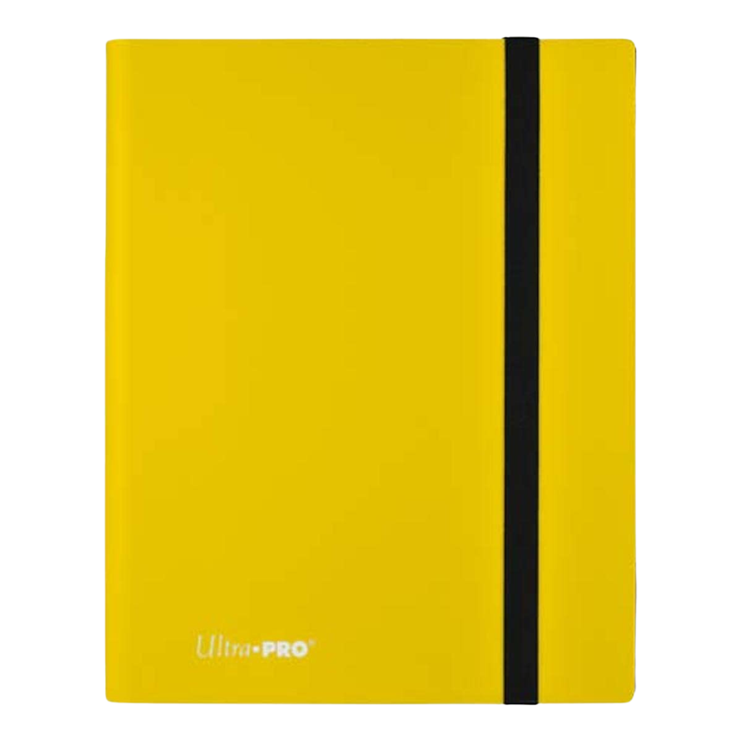 Ultra Pro 9 Pocket Eclipse Binder in yellow, featuring side-loading pockets, elastic strap, and archival-safe material for card storage and protection.