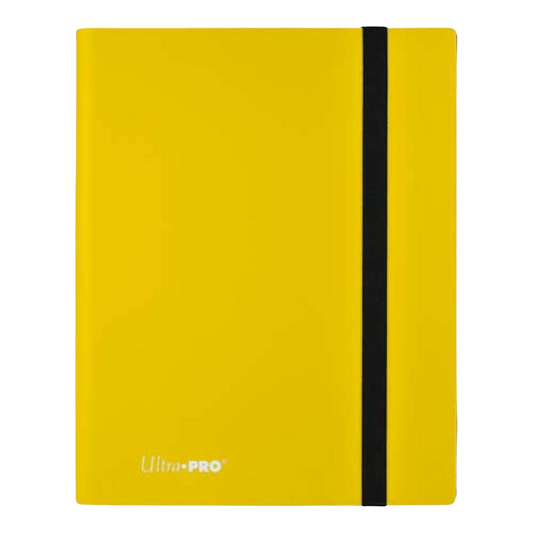 Ultra Pro 9 Pocket Eclipse Binder in yellow, featuring side-loading pockets, elastic strap, and archival-safe material for card storage and protection.