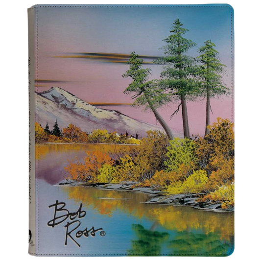 Ultra Pro Mighty Mountain Lake zip binder featuring full-art Bob Ross autumn mountain lake scene, padded leatherette, and 20 side-loading pages for card storage.

