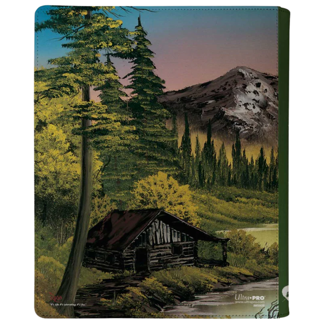 Bob Ross Mountain Retreat zip binder by Ultra Pro with calming landscape art, leatherette finish, and 360-card storage capacity

