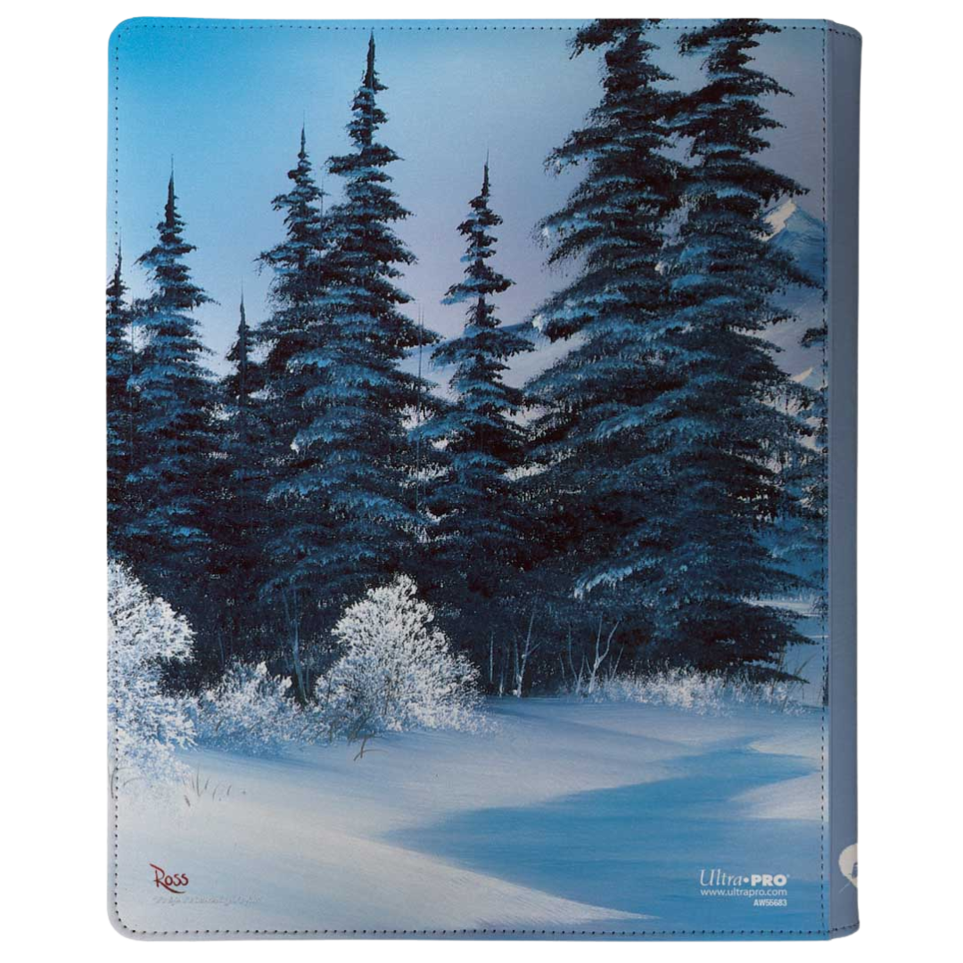 Bob Ross Winter Paradise zippered trading card binder by Ultra Pro with snow-covered trees and serene design







