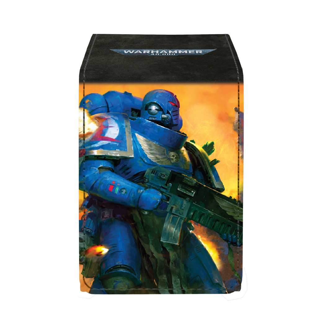Warhammer 40K Alcove Flip Deck Box featuring Space Marines Codex artwork, magnetic closure, and capacity for 100 double-sleeved cards.