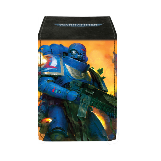 Warhammer 40K Alcove Flip Deck Box featuring Space Marines Codex artwork, magnetic closure, and capacity for 100 double-sleeved cards.
