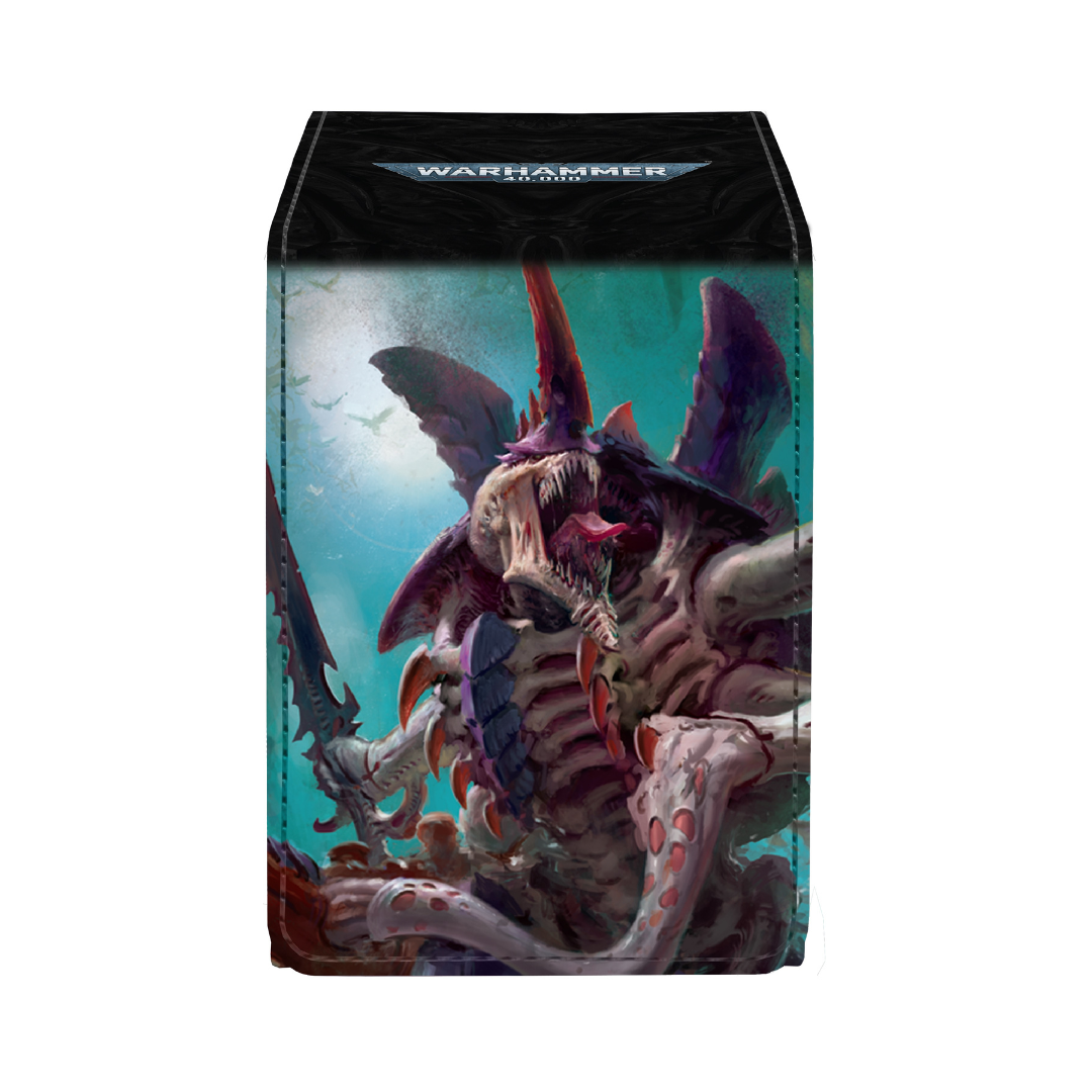 Warhammer 40K Alcove Flip Deck Box with Tyranids Codex artwork, magnetic closure, and space for 100 double-sleeved cards.