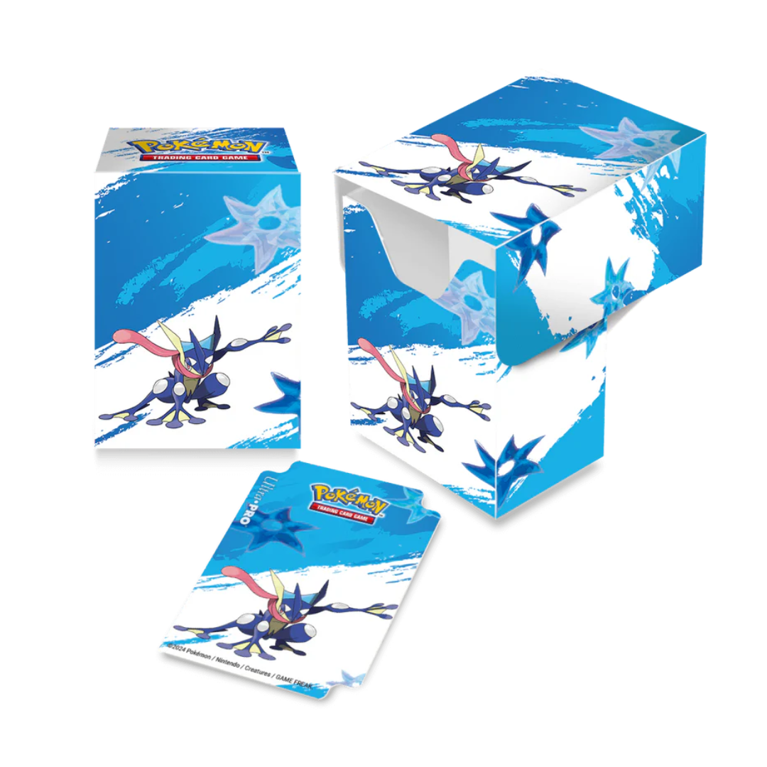 Ultra Pro Greninja Full View Deck Box featuring a vibrant Greninja design, securely holding up to 75 double-sleeved Pokémon cards.