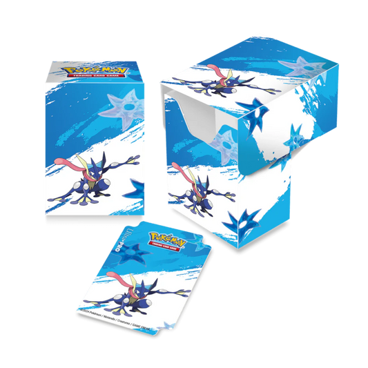 Ultra Pro Greninja Full View Deck Box featuring a vibrant Greninja design, securely holding up to 75 double-sleeved Pokémon cards.