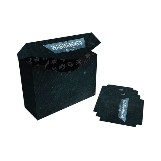 Warhammer 40K Universal Index Card Deck Box for 120+ index cards, archival-safe polypropylene material, and self-locking lid for secure storage.
