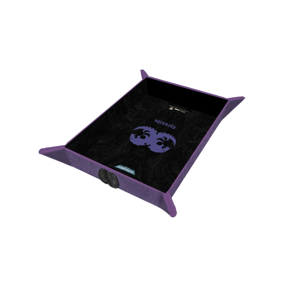 Warhammer 40K Tyranid Folding Dice Tray with reversible leatherette design, magnetic corners, and compact storage for tabletop gaming.