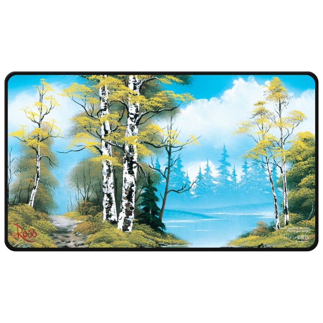 Ultra Pro Bob Ross Lakeside Path Playmat, stitched-edge TCG playmat with peaceful landscape artwork and smooth surface for trading card games and collectors.








