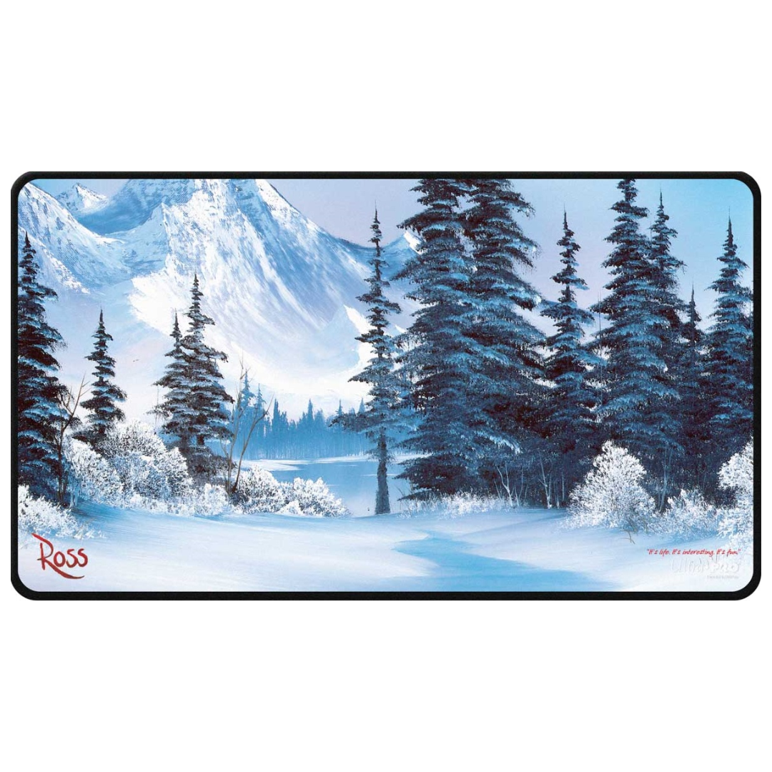 Bob Ross Winter Paradise stitched playmat by Ultra Pro featuring snowy mountain landscape for card games
