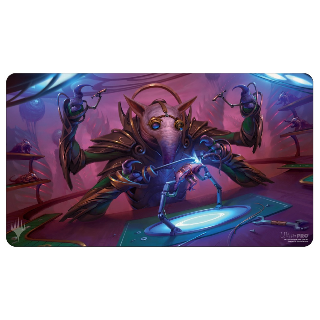 Ultra Pro Playmat featuring MTG March of the Machine Gimbal, Gremlin Prodigy with detailed artwork of Gimbal in a playful, inventive pose, designed for gameplay and collectors.