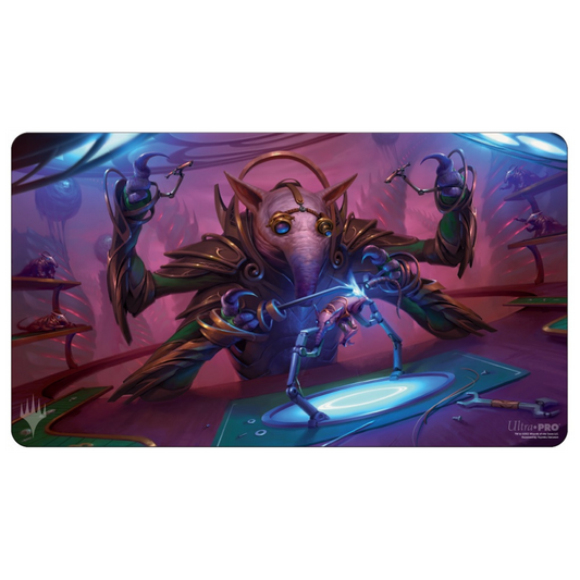 Ultra Pro Playmat featuring MTG March of the Machine Gimbal, Gremlin Prodigy with detailed artwork of Gimbal in a playful, inventive pose, designed for gameplay and collectors.
