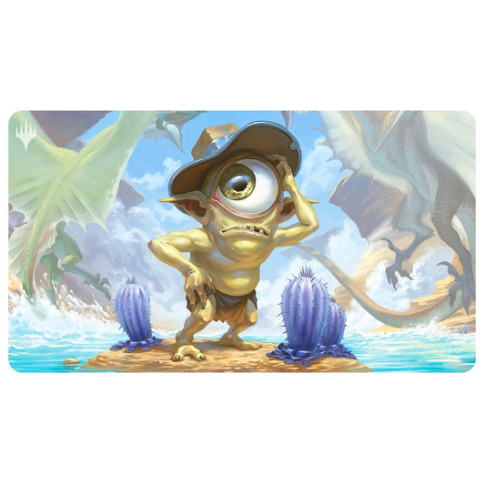 Ultra Pro Playmat featuring MTG Outlaws of Thunder Junction Fblthp, Lost on the Range, with vibrant artwork of Fblthp in a whimsical wild west setting, perfect for gameplay and collectors.