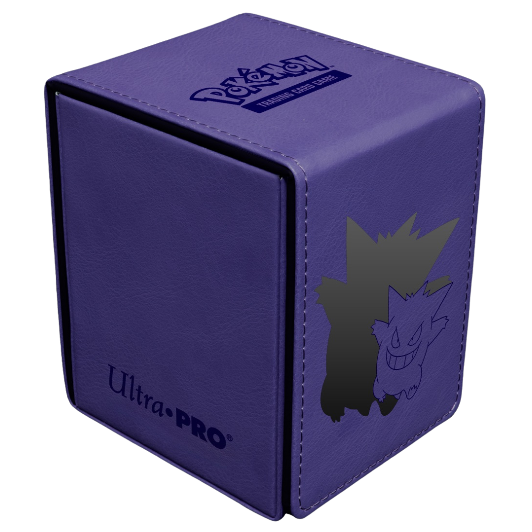Ultra Pro Pokémon Alcove Flip Box Gengar, premium leatherette deck box with magnetic closure and Gengar artwork for storing up to 100 double-sleeved cards.








