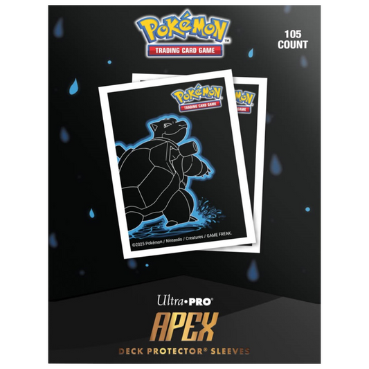 Ultra Pro Pokémon Apex Neon Blastoise deck protectors with vivid blue neon design, premium sleeves for competitive TCG card protection.

