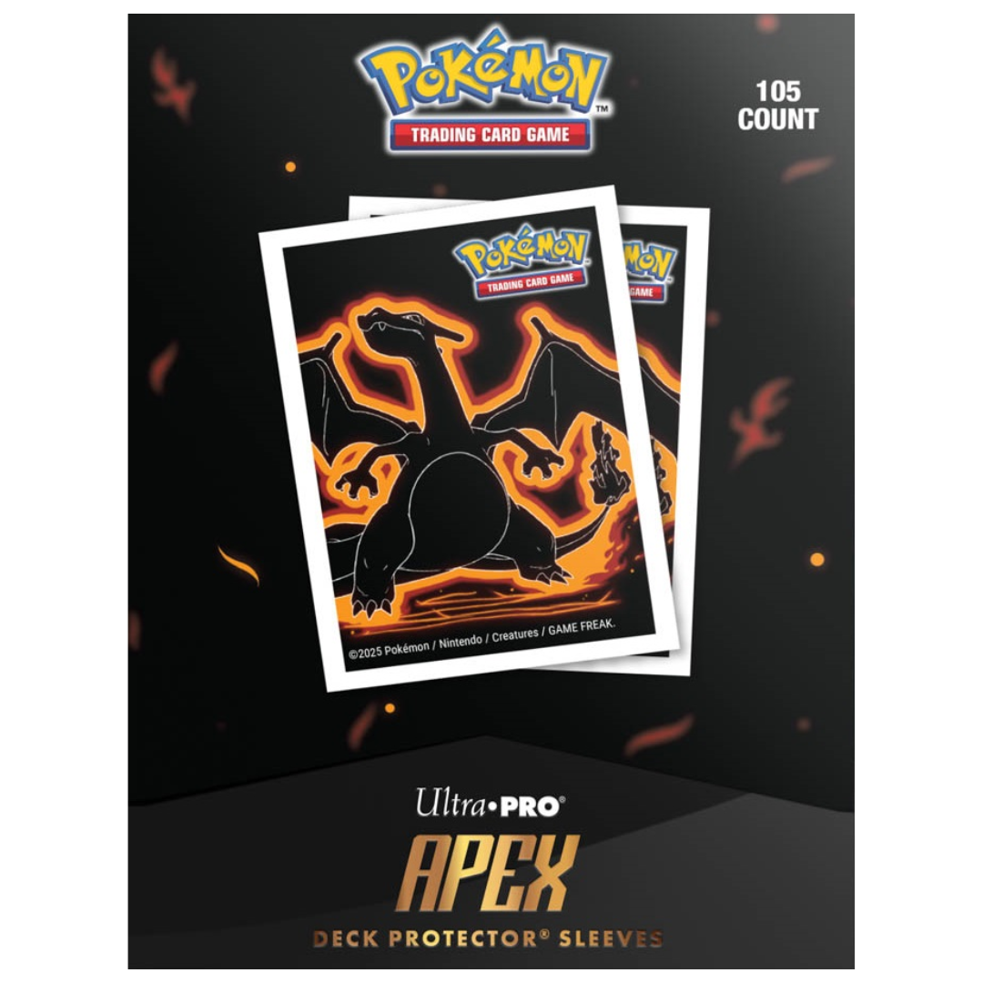 Ultra Pro Pokémon Apex Neon Charizard deck protectors, premium card sleeves with foil neon artwork and tournament-grade protection.

