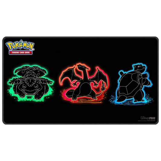 Ultra Pro Pokémon Neon Kanto Foil playmat, featuring Pikachu, Bulbasaur, Charmander, and Squirtle with foil accents and non-slip backing for TCG play.