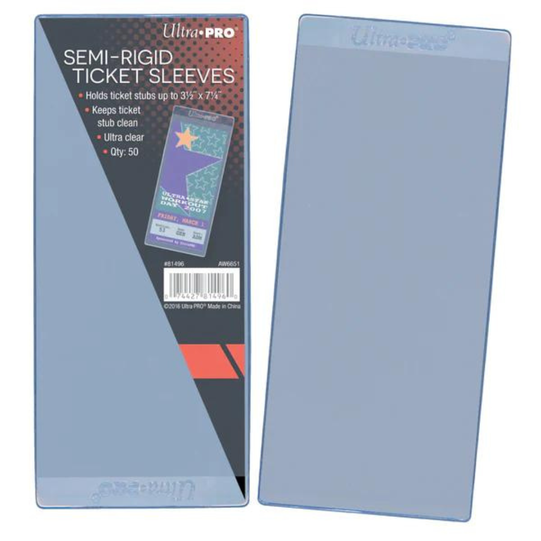 Ultra Pro Semi-Rigid Ticket Sleeves, pack of 50, ultra-clear protective holders for 3.5" x 7.25" ticket stubs, preserving collectibles.