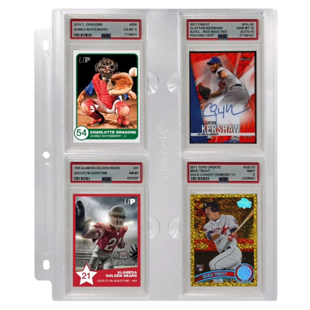 A clear plastic page with four slots holding PSA graded trading cards, featuring various sports figures and team logos.