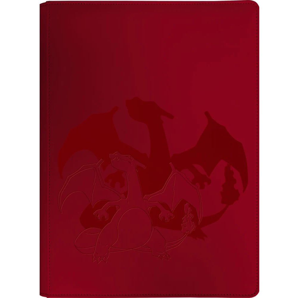A red 9-pocket binder with a Charizard design on the cover, featuring a zipper closure.