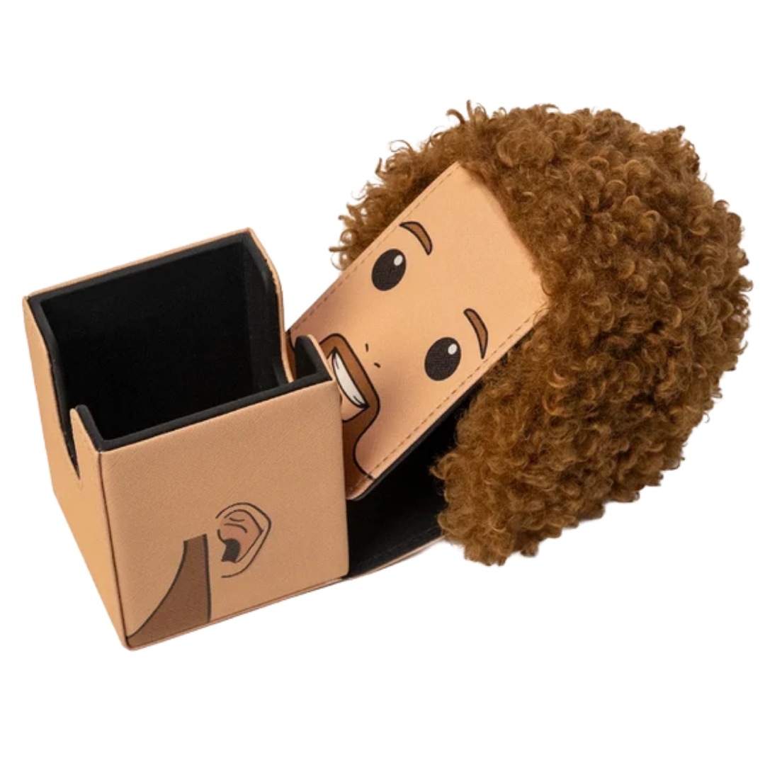 Ultra Pro Bob Ross Headcase deck box opened with removable curly hair cover and card storage compartment.