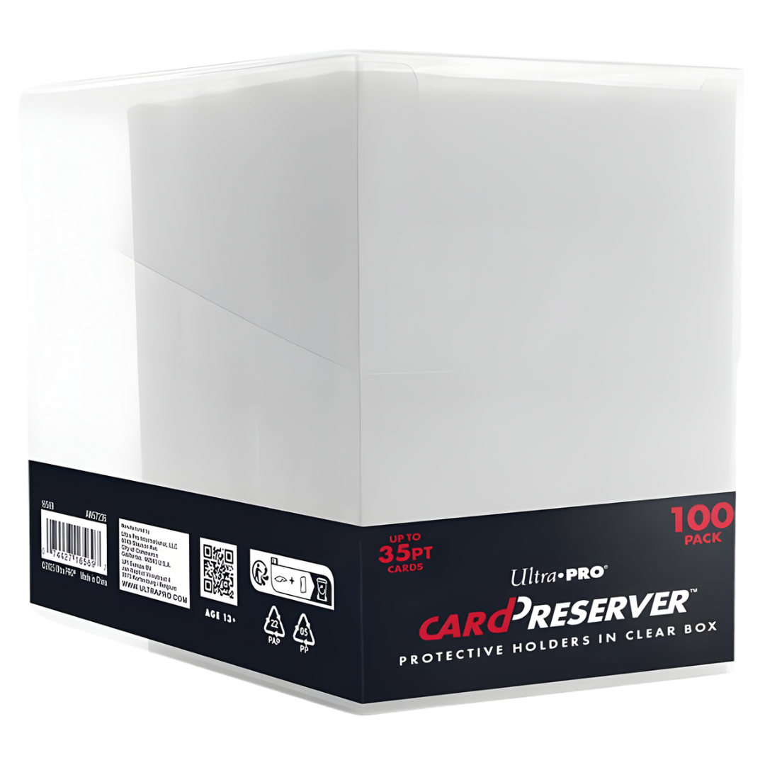 Ultra Pro Card Preserver 100 count in clear storage box, two-in-one soft front semi rigid back trading card holders