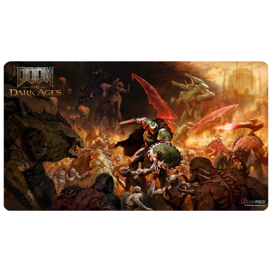 Ultra Pro DOOM The Dark Ages Onslaught playmat featuring Doom Slayer artwork with rubber backing for trading card gameplay