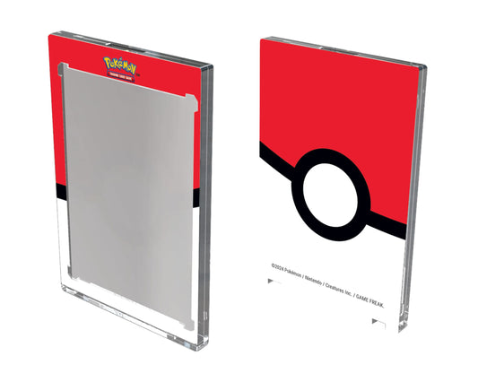A red and white card holder with a magnetic one-touch closure featuring a Poké Ball design on the back. The front showcases a blank space for card insertion.