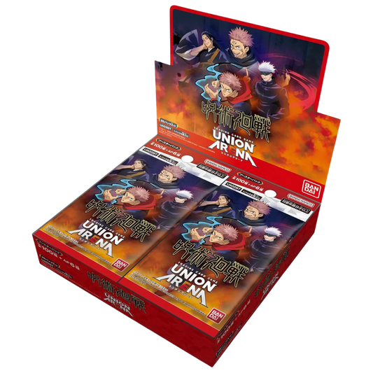 Union Arena Jujutsu Kaisen Booster Display – A full display box containing multiple booster packs from the Jujutsu Kaisen set. Perfect for collectors and players, each pack includes a variety of rare and foil cards featuring characters and moments from the popular anime series, ideal for enhancing your deck and expanding your collection.