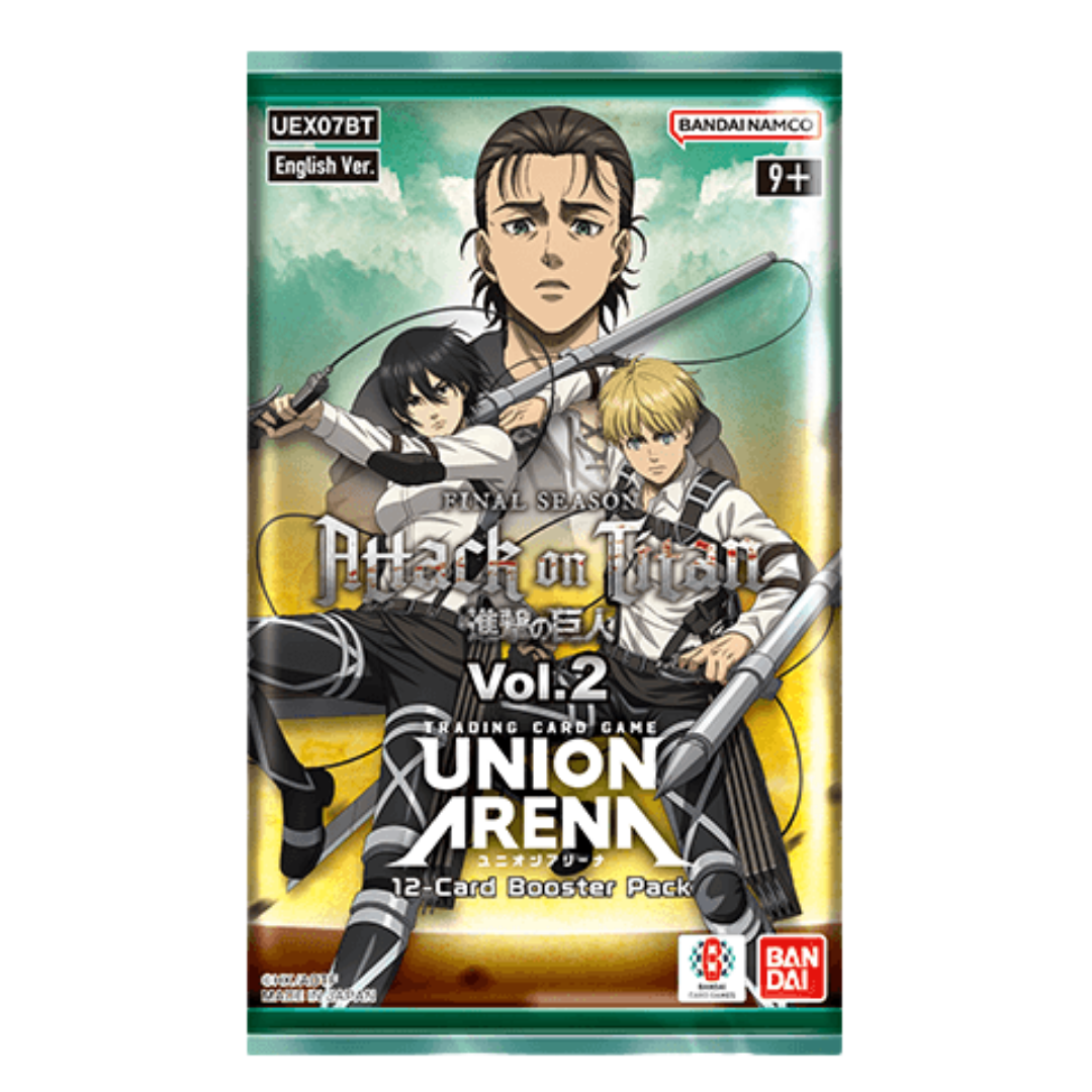 Union Arena Attack on Titan Volume 2 booster pack featuring Eren, Mikasa and Armin artwork