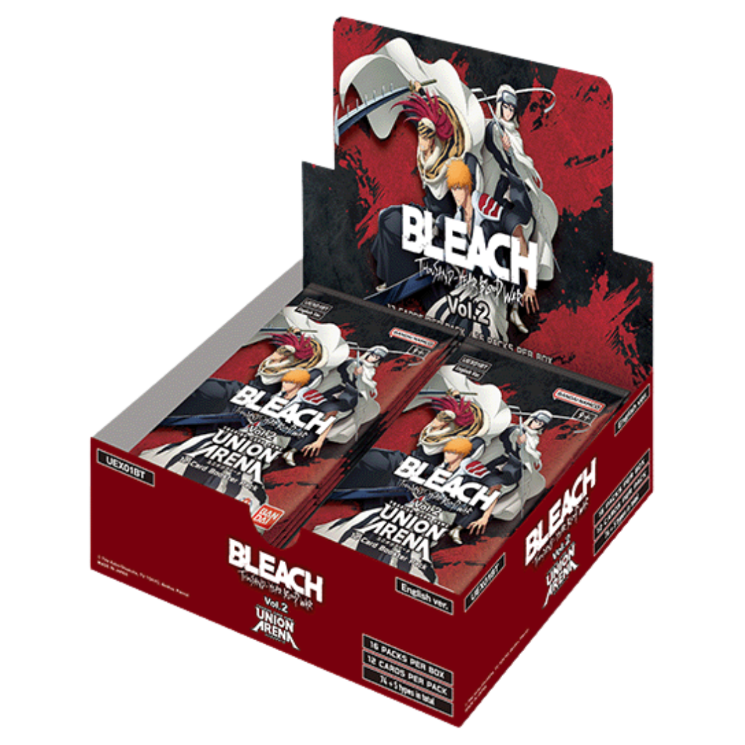 Union Arena Bleach Thousand-Year Blood War Vol. 2 Booster Display, sealed box with booster packs featuring TYBW arc characters for Bleach card game collectors and players.