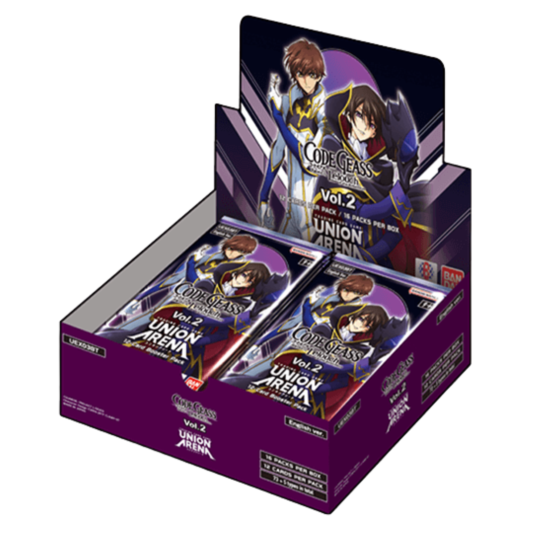 Union Arena Code Geass Volume 2 booster display box with 16 packs featuring Lelouch and Suzaku
