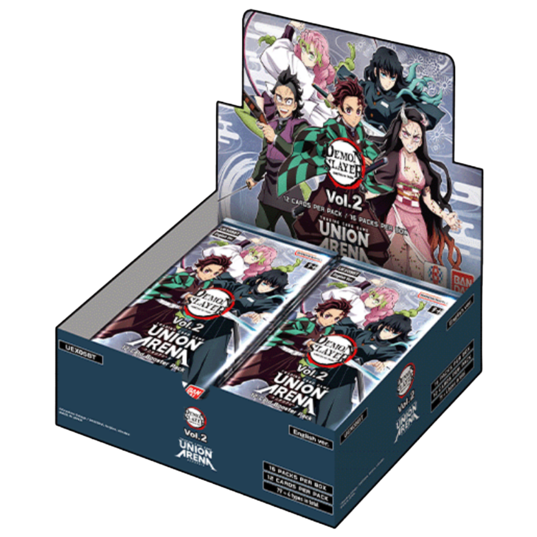 Union Arena Demon Slayer Volume 2 booster display box with character artwork and 16 English version packs